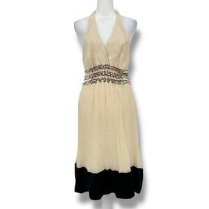 VTG Y2K 100% Silk Halter Midi Dress Sz 8 Ivory Black Fairycore Ethereal Smoked